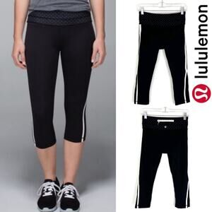 Lululemon Cropped Leggings Black White Stripe Athleisure Retro 4